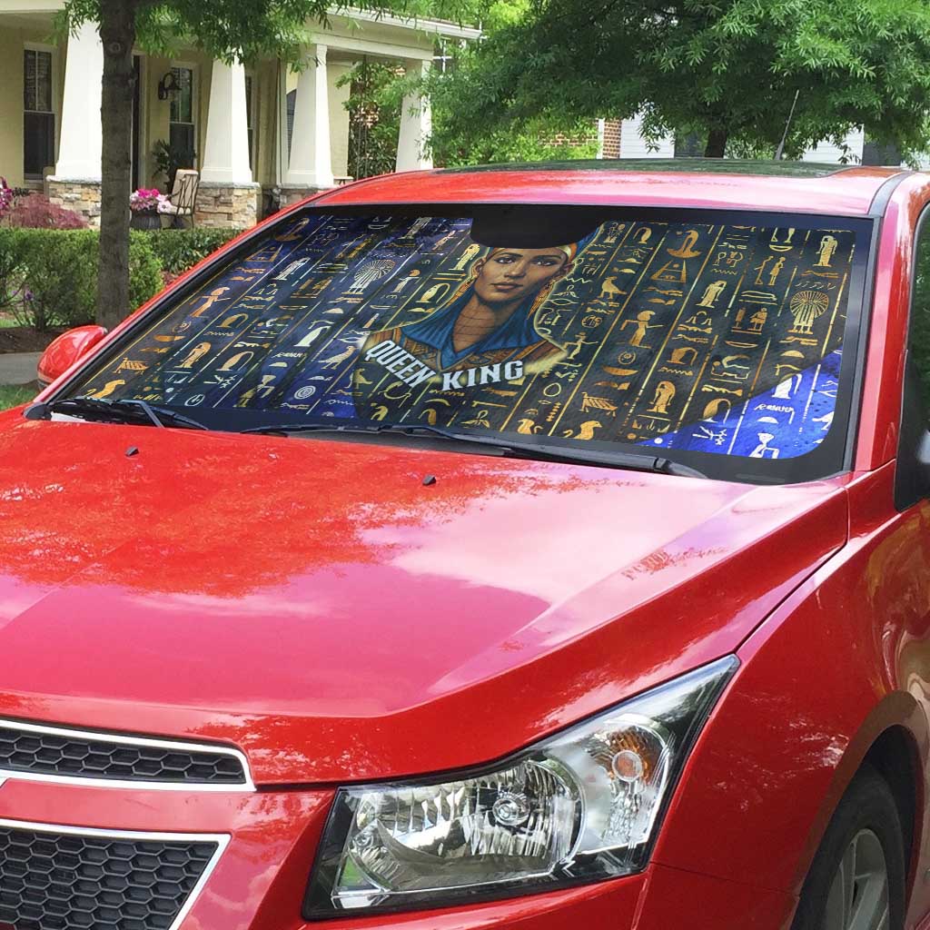 Hatshepsut Auto Sun Shade with Queen King Portrait, Temple Illustration and Blue-Gold Hieroglyphic - African Pride