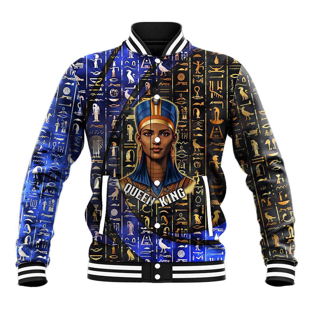 Hatshepsut Baseball Jacket with Queen King Portrait, Temple Illustration and Blue-Gold Hieroglyphic - African Pride