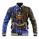 Hatshepsut Baseball Jacket with Queen King Portrait, Temple Illustration and Blue-Gold Hieroglyphic - African Pride