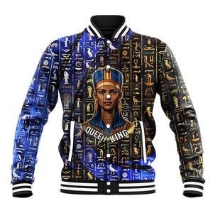 Hatshepsut Baseball Jacket with Queen King Portrait, Temple Illustration and Blue-Gold Hieroglyphic - African Pride