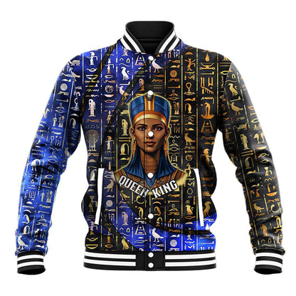 Hatshepsut Baseball Jacket with Queen King Portrait, Temple Illustration and Blue-Gold Hieroglyphic - African Pride