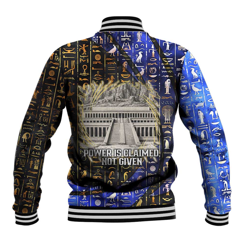 Hatshepsut Baseball Jacket with Queen King Portrait, Temple Illustration and Blue-Gold Hieroglyphic - African Pride
