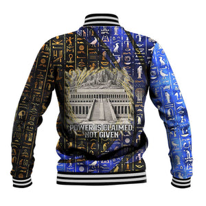 Hatshepsut Baseball Jacket with Queen King Portrait, Temple Illustration and Blue-Gold Hieroglyphic - African Pride