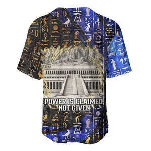 Hatshepsut Baseball Jersey with Queen King Portrait, Temple Illustration and Blue-Gold Hieroglyphic - African Pride