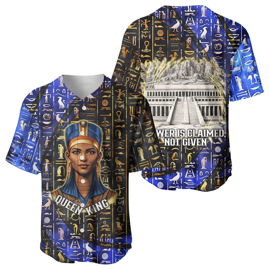 Hatshepsut Baseball Jersey with Queen King Portrait, Temple Illustration and Blue-Gold Hieroglyphic - African Pride