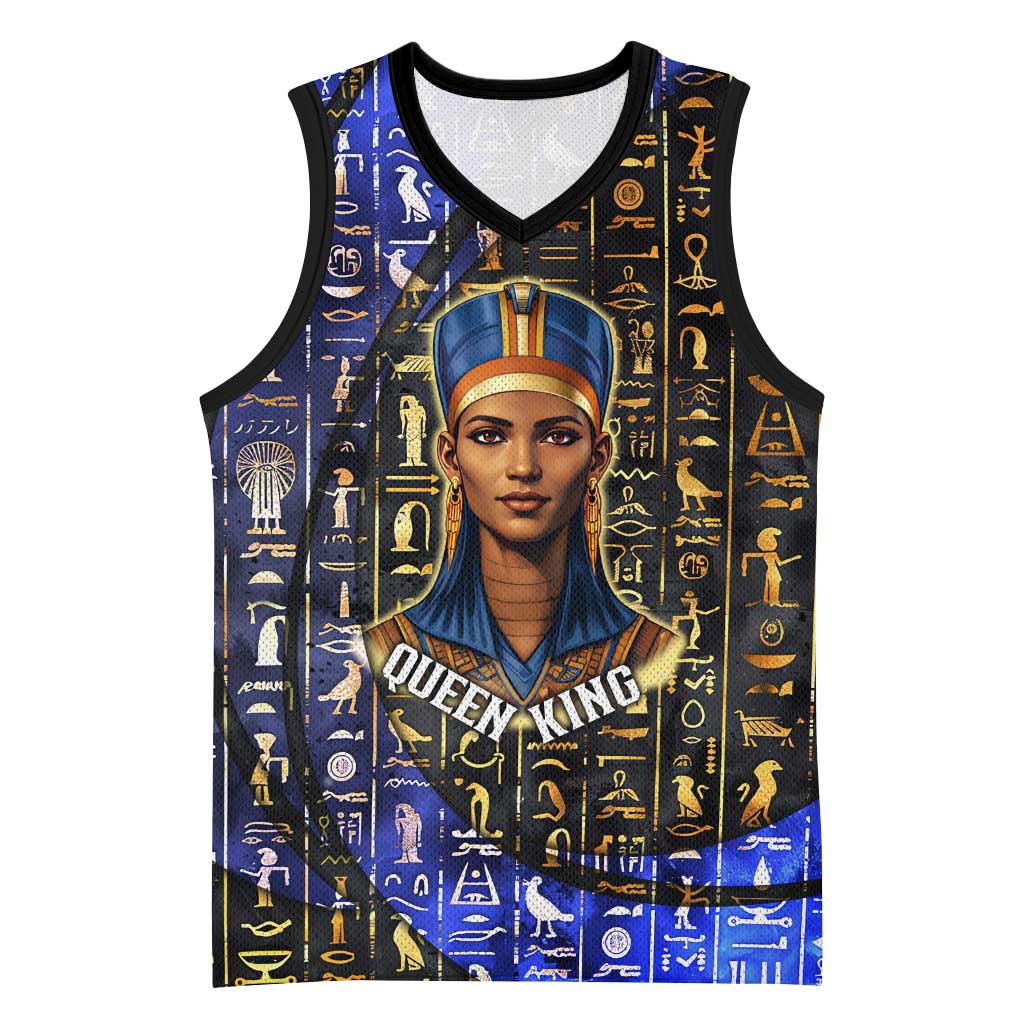 Hatshepsut Basketball Jersey with Queen King Portrait, Temple Illustration and Blue-Gold Hieroglyphic - African Pride
