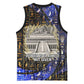 Hatshepsut Basketball Jersey with Queen King Portrait, Temple Illustration and Blue-Gold Hieroglyphic - African Pride