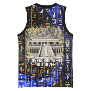 Hatshepsut Basketball Jersey with Queen King Portrait, Temple Illustration and Blue-Gold Hieroglyphic - African Pride