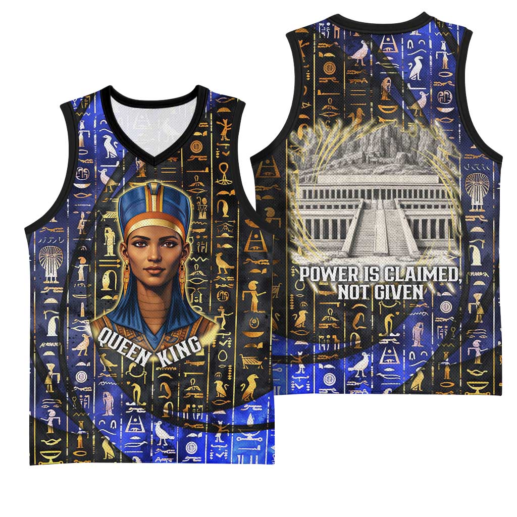 Hatshepsut Basketball Jersey with Queen King Portrait, Temple Illustration and Blue-Gold Hieroglyphic - African Pride
