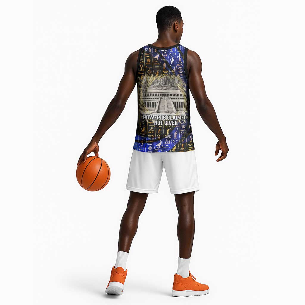 Hatshepsut Basketball Jersey with Queen King Portrait, Temple Illustration and Blue-Gold Hieroglyphic - African Pride