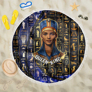 Hatshepsut Beach Blanket with Queen King Portrait, Temple Illustration and Blue-Gold Hieroglyphic - African Pride