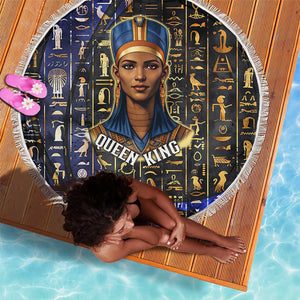 Hatshepsut Beach Blanket with Queen King Portrait, Temple Illustration and Blue-Gold Hieroglyphic - African Pride