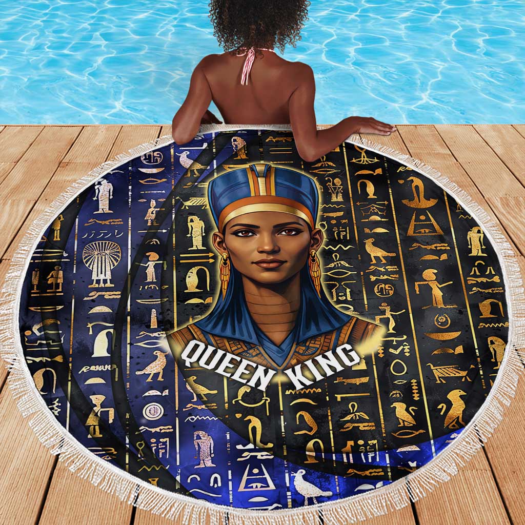 Hatshepsut Beach Blanket with Queen King Portrait, Temple Illustration and Blue-Gold Hieroglyphic - African Pride