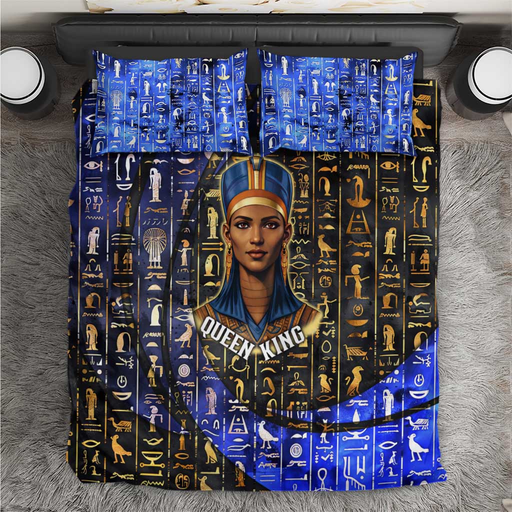 Hatshepsut Bedding Set with Queen King Portrait, Temple Illustration and Blue-Gold Hieroglyphic - African Pride