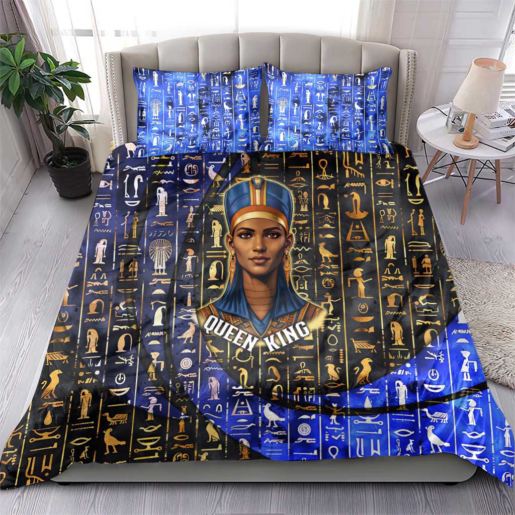 Hatshepsut Bedding Set with Queen King Portrait, Temple Illustration and Blue-Gold Hieroglyphic - African Pride