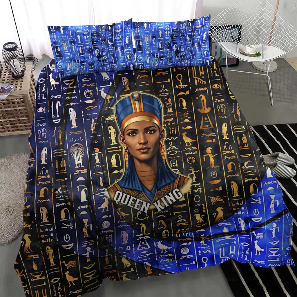 Hatshepsut Bedding Set with Queen King Portrait, Temple Illustration and Blue-Gold Hieroglyphic - African Pride