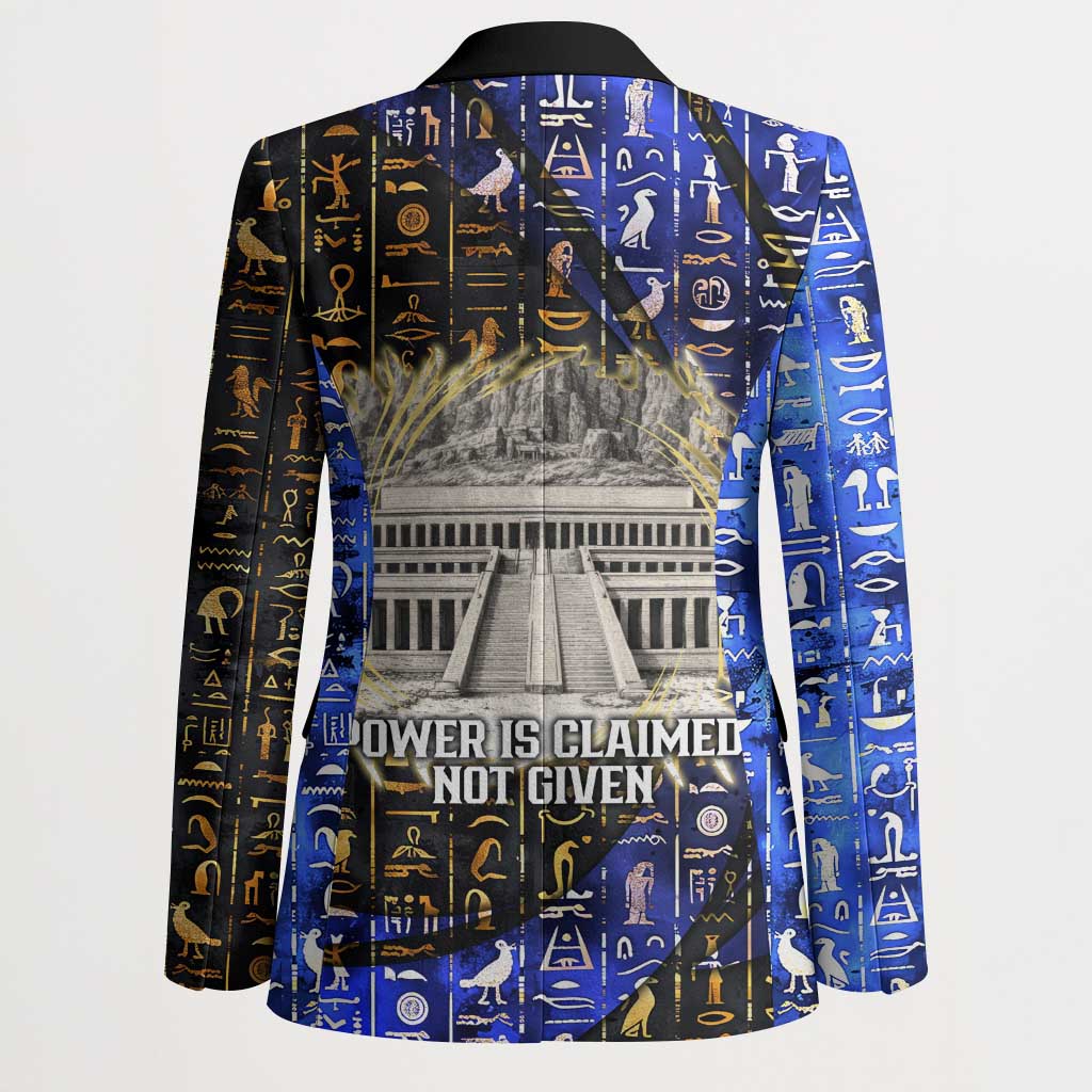 Hatshepsut Blazer with Queen King Portrait, Temple Illustration and Blue-Gold Hieroglyphic - African Pride