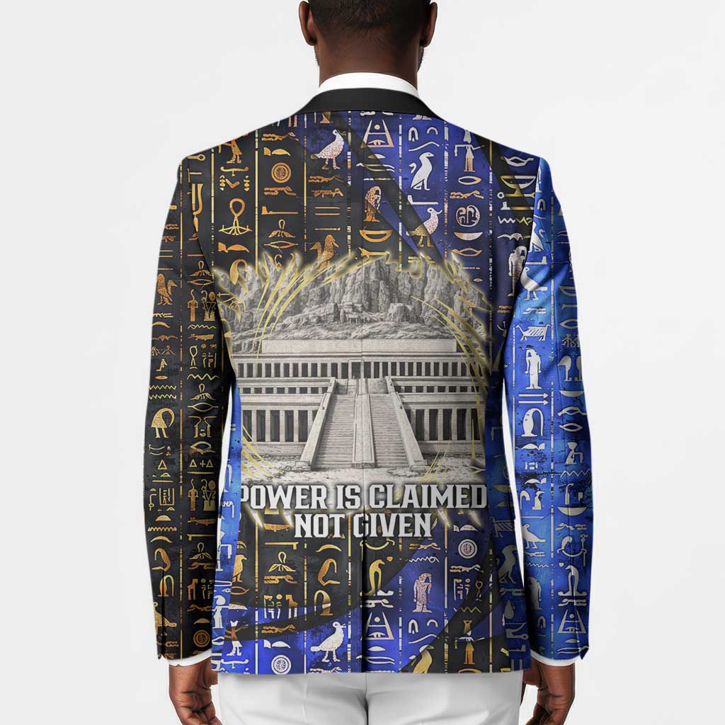 Hatshepsut Blazer with Queen King Portrait, Temple Illustration and Blue-Gold Hieroglyphic - African Pride