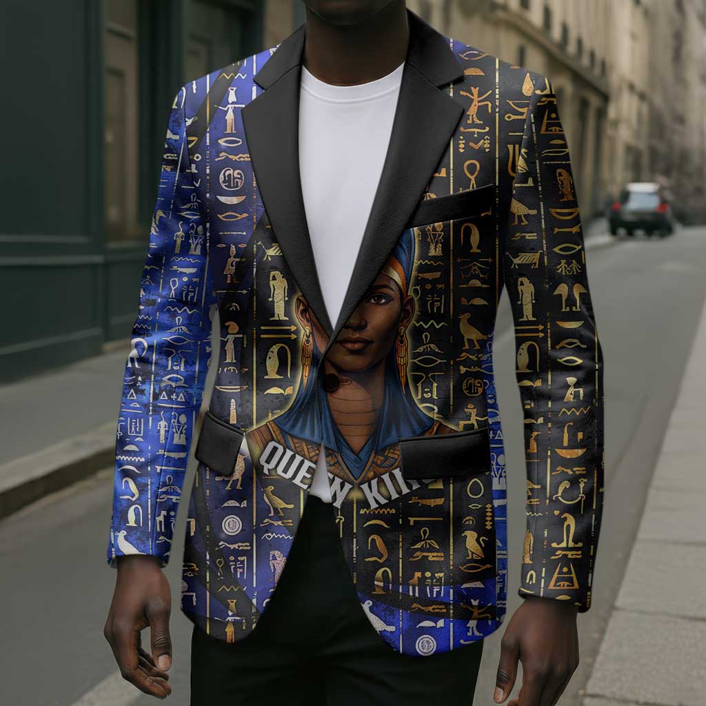 Hatshepsut Blazer with Queen King Portrait, Temple Illustration and Blue-Gold Hieroglyphic - African Pride
