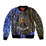Hatshepsut Bomber Jacket with Queen King Portrait, Temple Illustration and Blue-Gold Hieroglyphic - African Pride