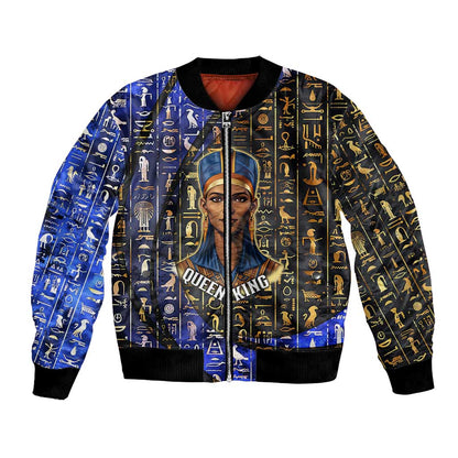 Hatshepsut Bomber Jacket with Queen King Portrait, Temple Illustration and Blue-Gold Hieroglyphic - African Pride