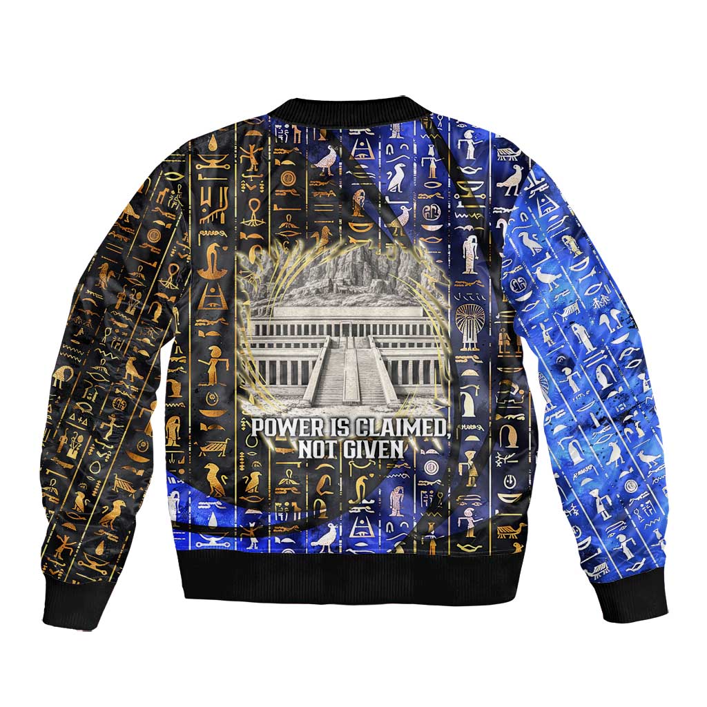Hatshepsut Bomber Jacket with Queen King Portrait, Temple Illustration and Blue-Gold Hieroglyphic - African Pride
