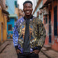 Hatshepsut Bomber Jacket with Queen King Portrait, Temple Illustration and Blue-Gold Hieroglyphic - African Pride