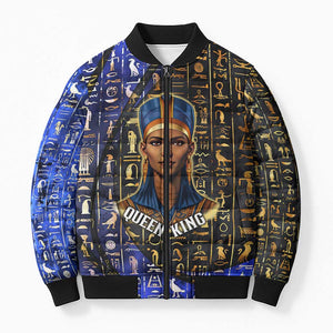 Hatshepsut Bomber Puffer Jacket with Queen King Portrait, Temple Illustration and Blue-Gold Hieroglyphic - African Pride