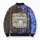 Hatshepsut Bomber Puffer Jacket with Queen King Portrait, Temple Illustration and Blue-Gold Hieroglyphic - African Pride