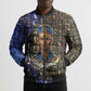 Hatshepsut Bomber Puffer Jacket with Queen King Portrait, Temple Illustration and Blue-Gold Hieroglyphic - African Pride