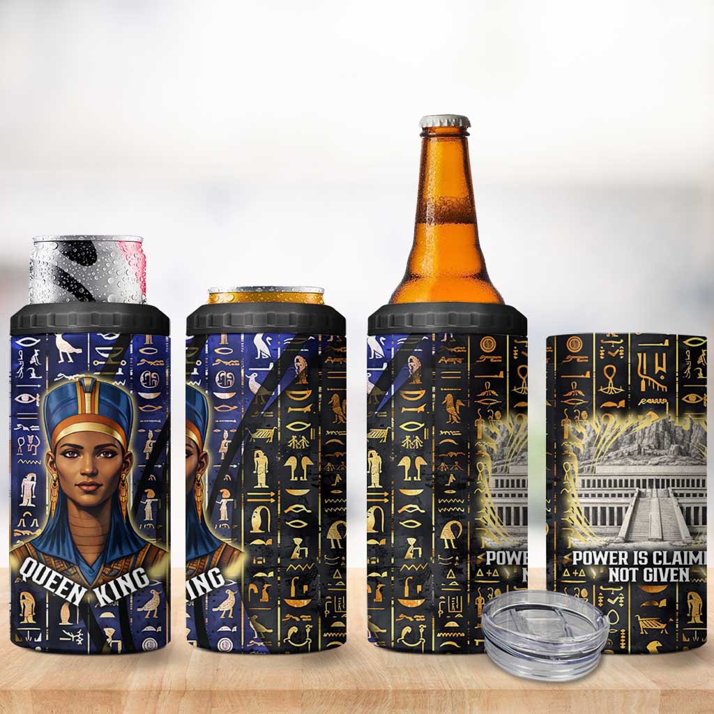 Hatshepsut 4 in 1 Can Cooler Tumbler with Queen King Portrait, Temple Illustration and Blue-Gold Hieroglyphic - African Pride