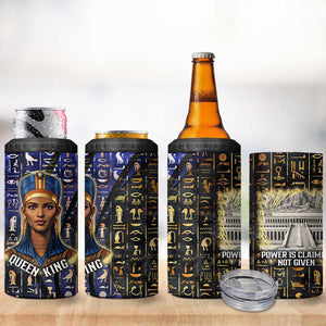 Hatshepsut 4 in 1 Can Cooler Tumbler with Queen King Portrait, Temple Illustration and Blue-Gold Hieroglyphic - African Pride