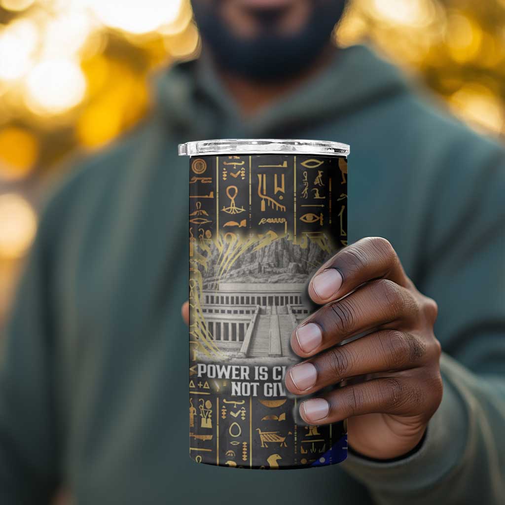 Hatshepsut 4 in 1 Can Cooler Tumbler with Queen King Portrait, Temple Illustration and Blue-Gold Hieroglyphic - African Pride
