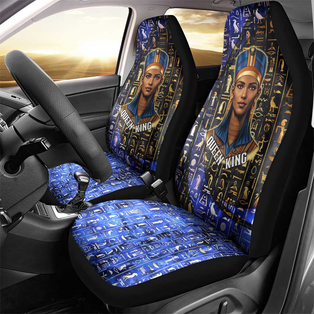 Hatshepsut Car Seat Cover with Queen King Portrait, Temple Illustration and Blue-Gold Hieroglyphic - African Pride