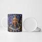 Hatshepsut Ceramic Mug with Queen King Portrait, Temple Illustration and Blue-Gold Hieroglyphic - African Pride