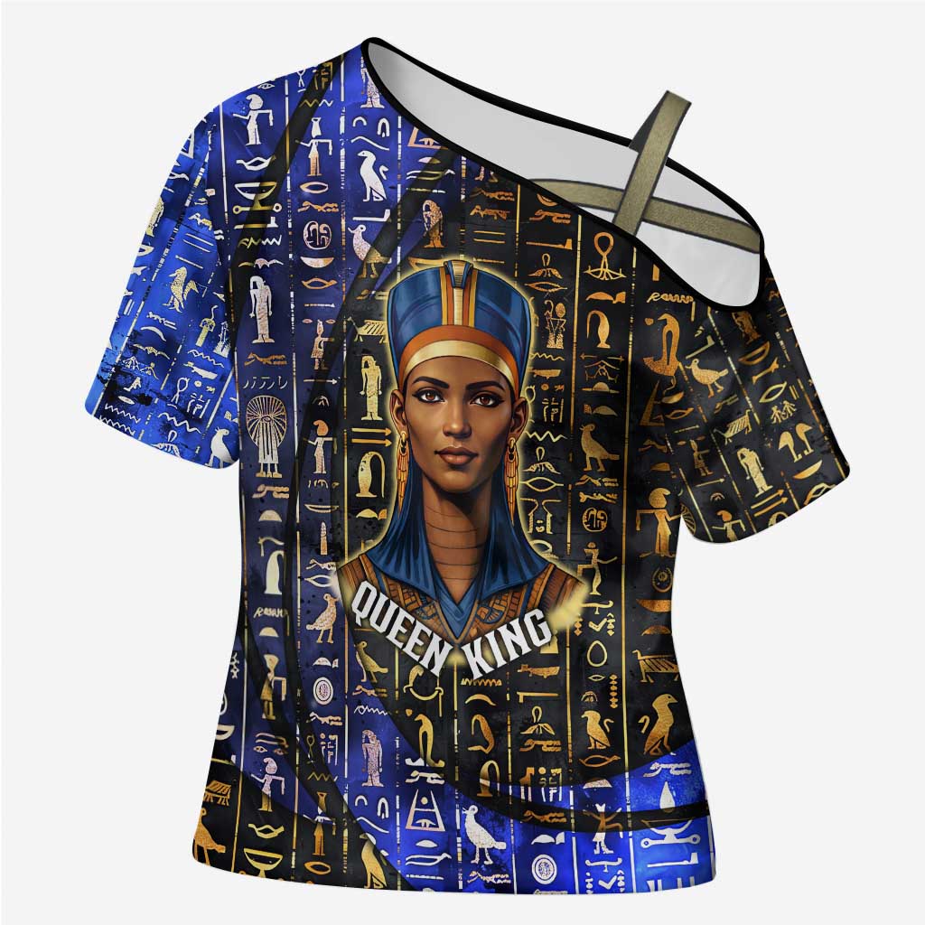 Hatshepsut Cross Shoulder Shirt with Queen King Portrait, Temple Illustration and Blue-Gold Hieroglyphic - African Pride