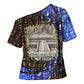Hatshepsut Cross Shoulder Shirt with Queen King Portrait, Temple Illustration and Blue-Gold Hieroglyphic - African Pride