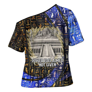 Hatshepsut Cross Shoulder Shirt with Queen King Portrait, Temple Illustration and Blue-Gold Hieroglyphic - African Pride