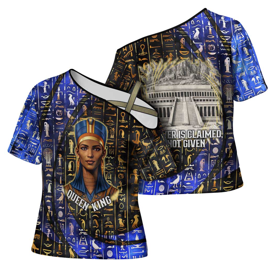 Hatshepsut Cross Shoulder Shirt with Queen King Portrait, Temple Illustration and Blue-Gold Hieroglyphic - African Pride