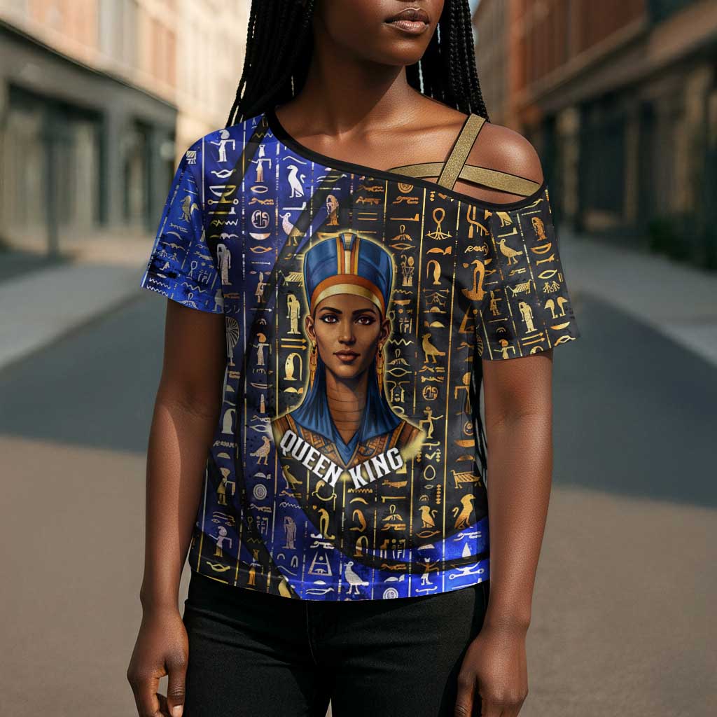Hatshepsut Cross Shoulder Shirt with Queen King Portrait, Temple Illustration and Blue-Gold Hieroglyphic - African Pride