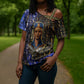Hatshepsut Cross Shoulder Shirt with Queen King Portrait, Temple Illustration and Blue-Gold Hieroglyphic - African Pride