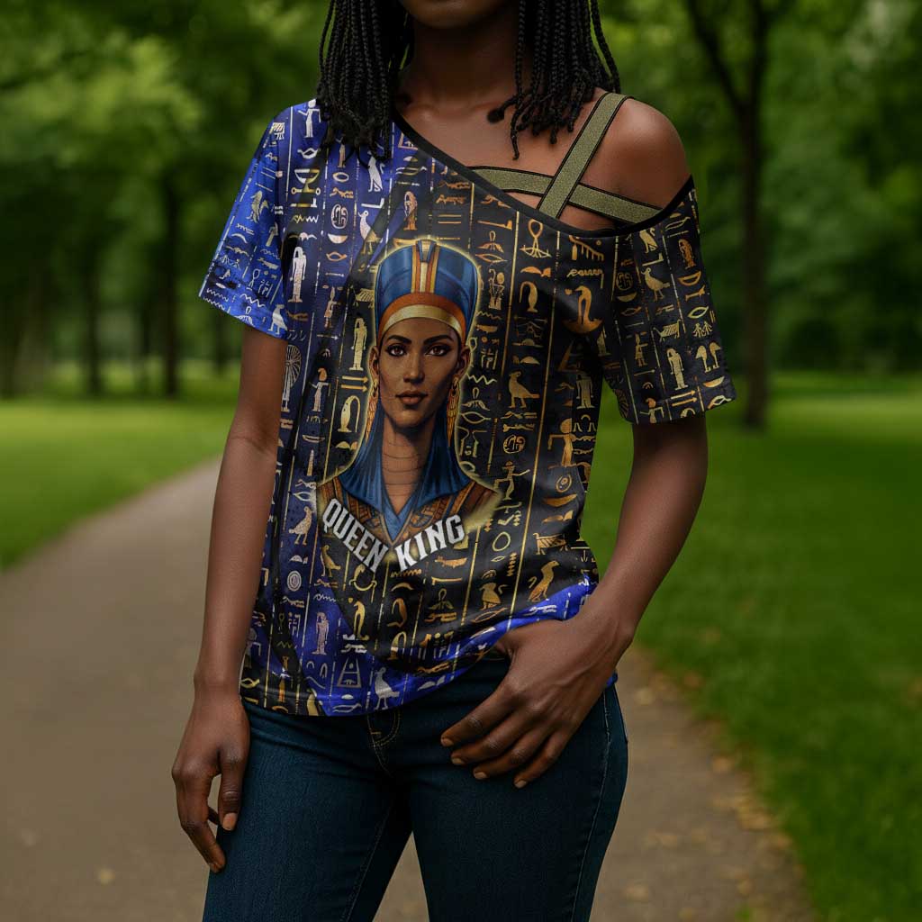 Hatshepsut Cross Shoulder Shirt with Queen King Portrait, Temple Illustration and Blue-Gold Hieroglyphic - African Pride