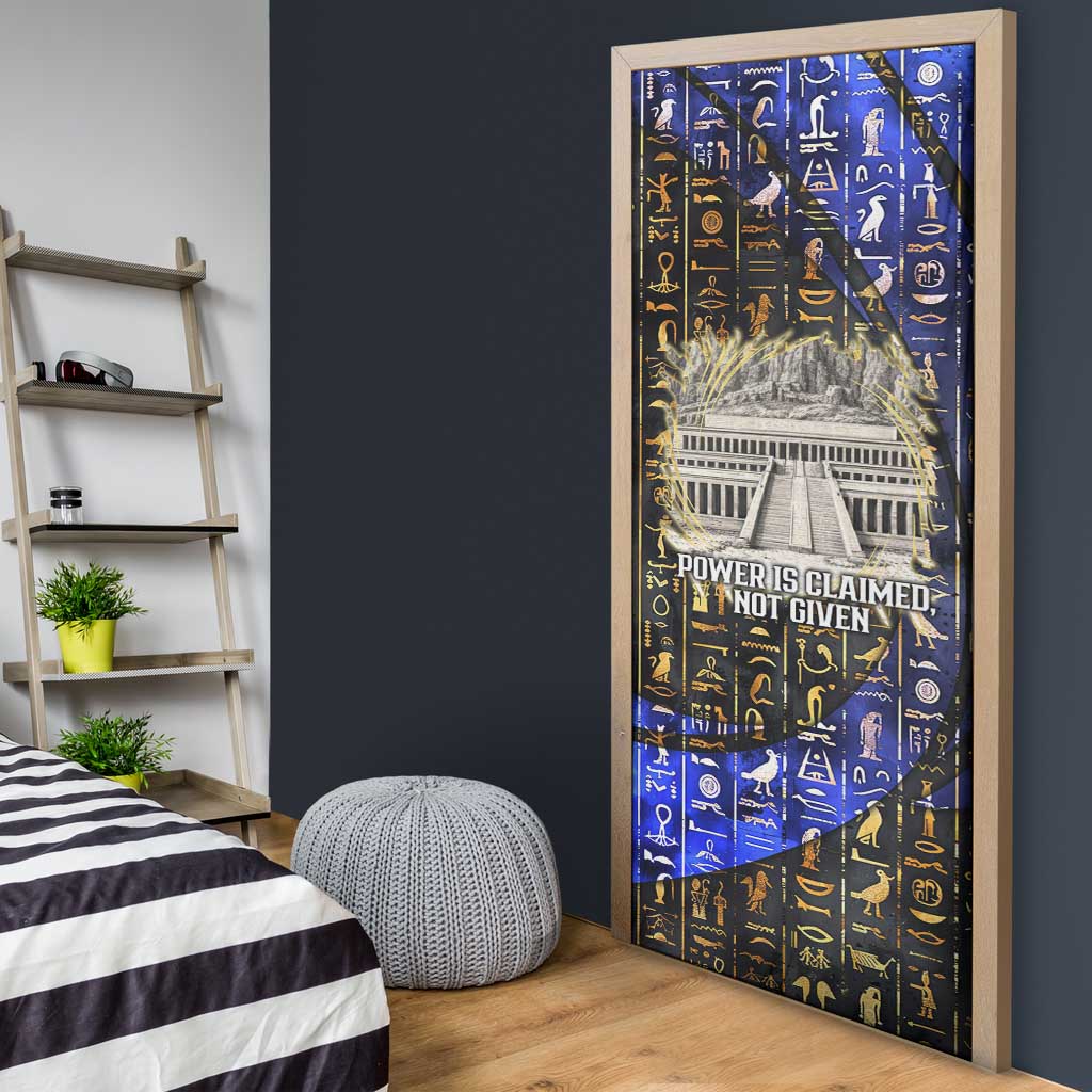 Hatshepsut Door Cover with Queen King Portrait, Temple Illustration and Blue-Gold Hieroglyphic - African Pride