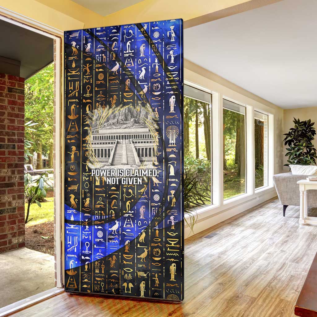 Hatshepsut Door Cover with Queen King Portrait, Temple Illustration and Blue-Gold Hieroglyphic - African Pride