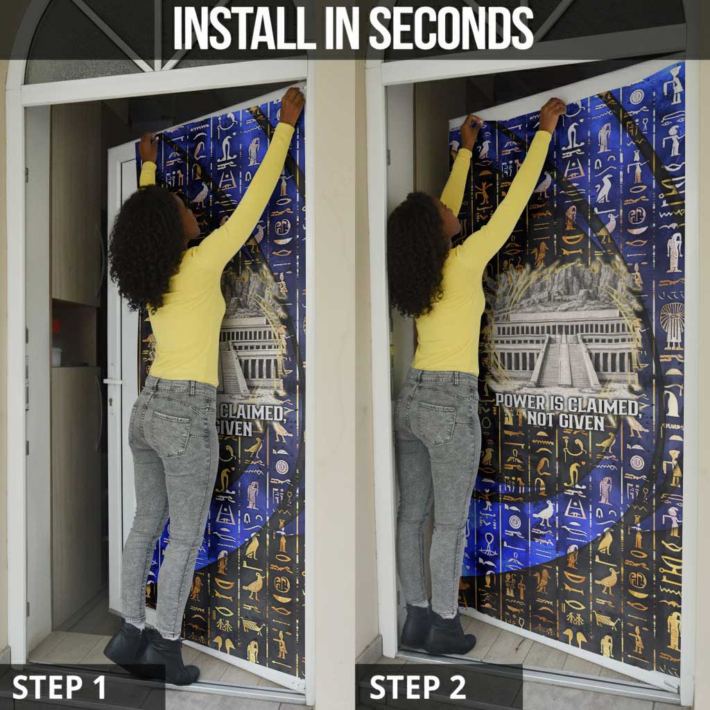 Hatshepsut Door Cover with Queen King Portrait, Temple Illustration and Blue-Gold Hieroglyphic - African Pride