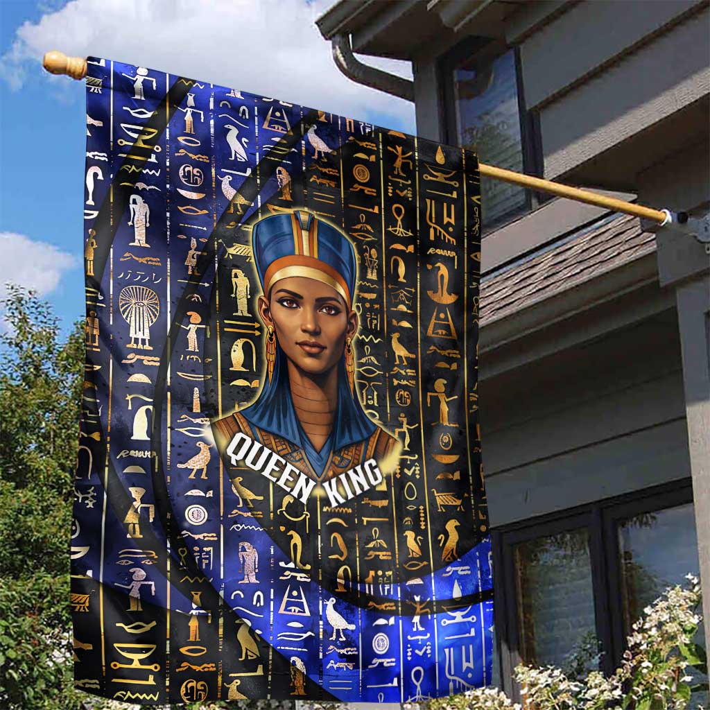 Hatshepsut Garden Flag with Queen King Portrait, Temple Illustration and Blue-Gold Hieroglyphic - African Pride