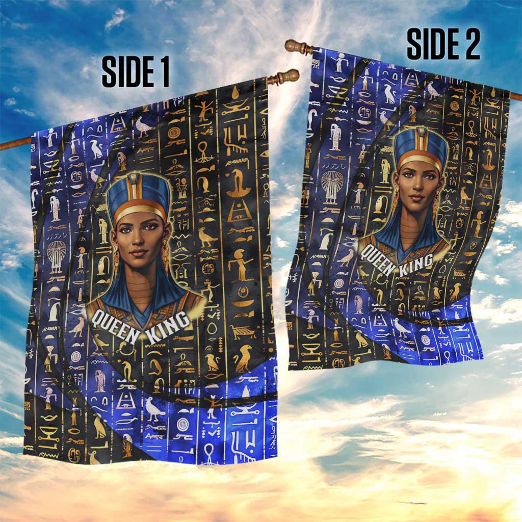 Hatshepsut Garden Flag with Queen King Portrait, Temple Illustration and Blue-Gold Hieroglyphic - African Pride