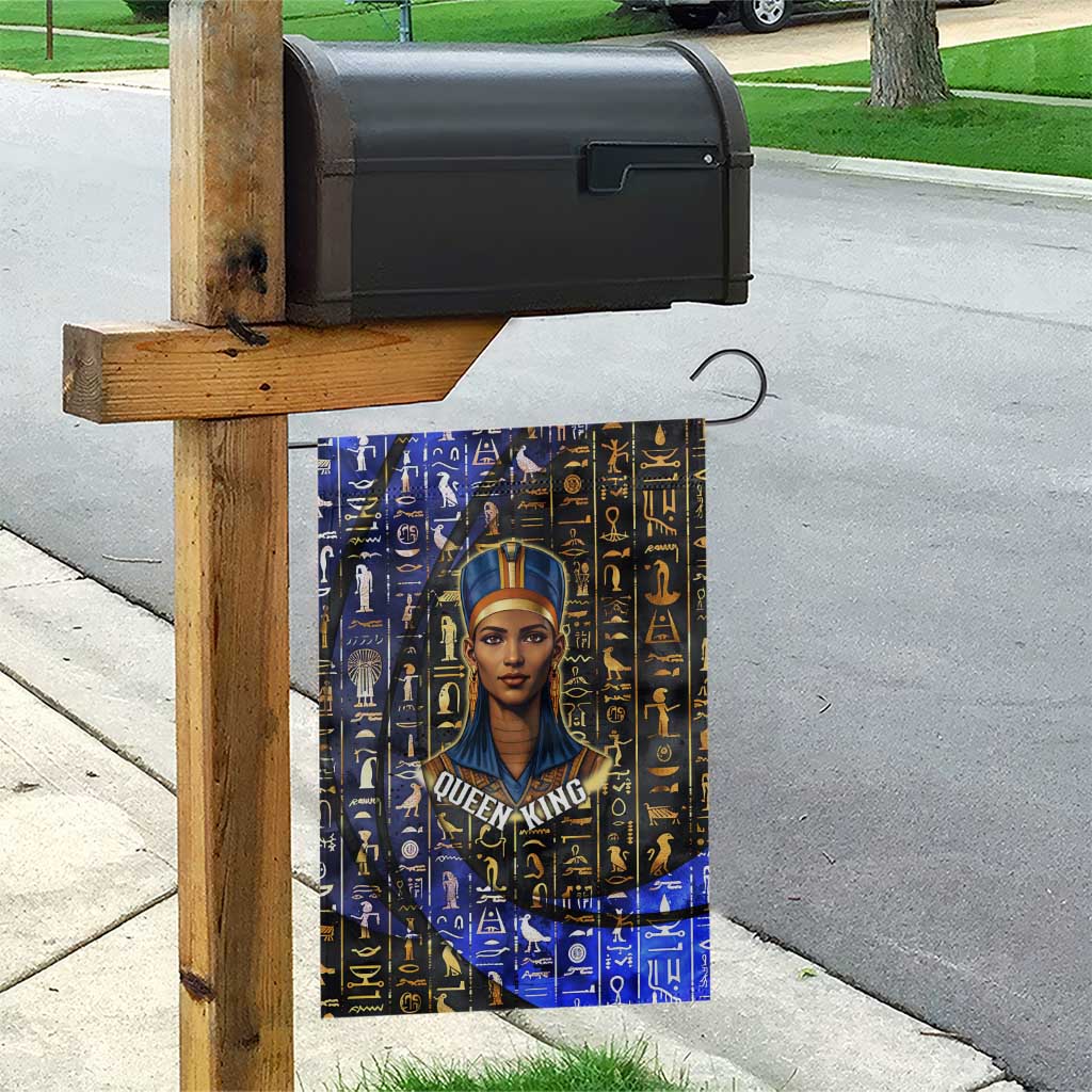 Hatshepsut Garden Flag with Queen King Portrait, Temple Illustration and Blue-Gold Hieroglyphic - African Pride