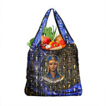 Hatshepsut Grocery Bag with Queen King Portrait, Temple Illustration and Blue-Gold Hieroglyphic - African Pride