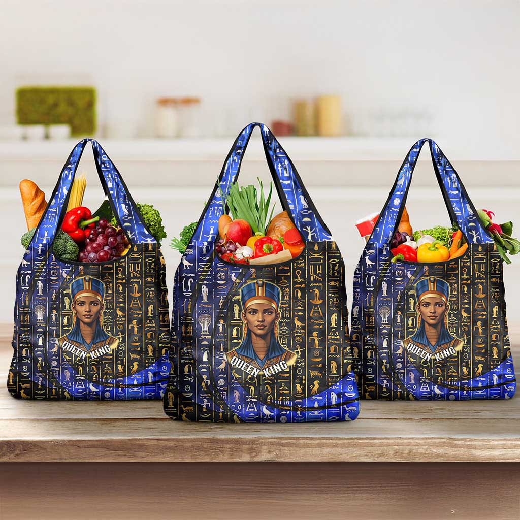 Hatshepsut Grocery Bag with Queen King Portrait, Temple Illustration and Blue-Gold Hieroglyphic - African Pride